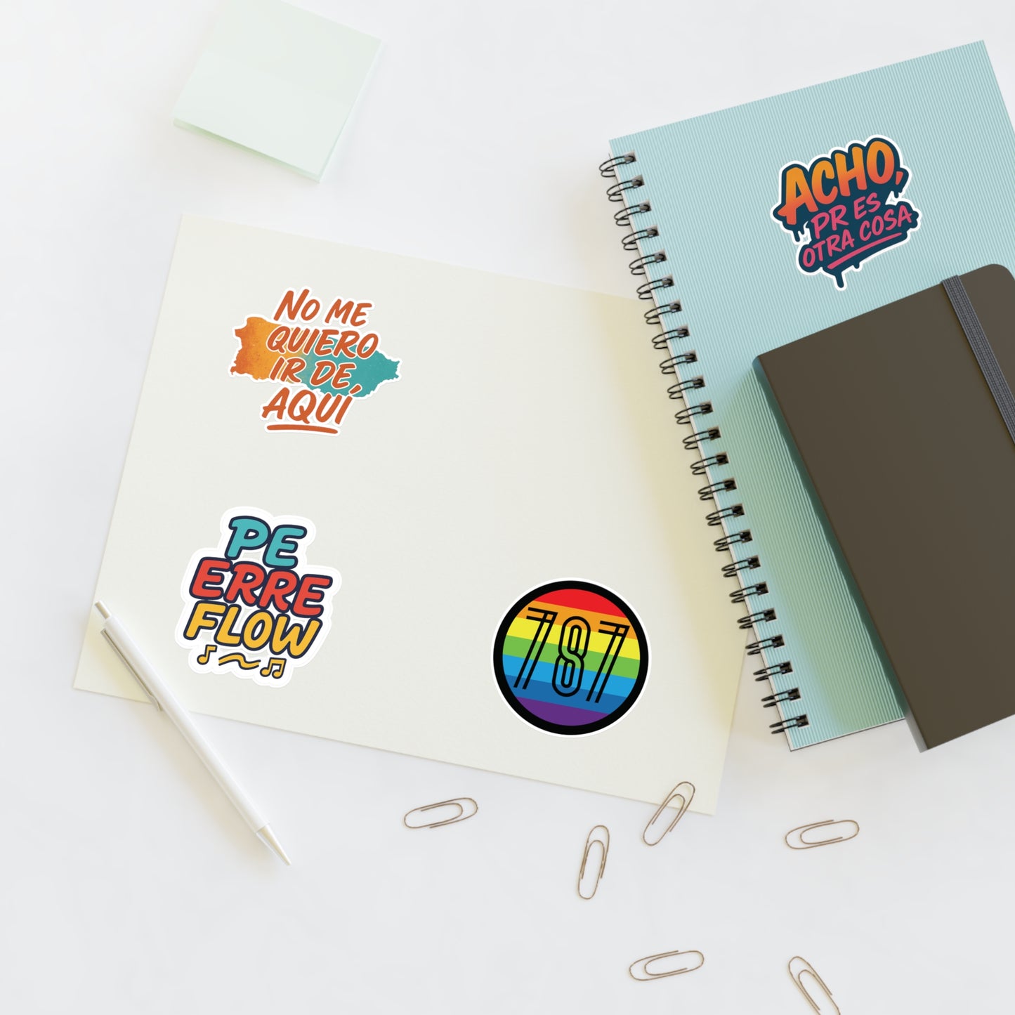Puerto Rico Spanish Phrase Sticker Sheet — "No me quiero ir de aquí", "Acho" & 787 Rainbow Decals