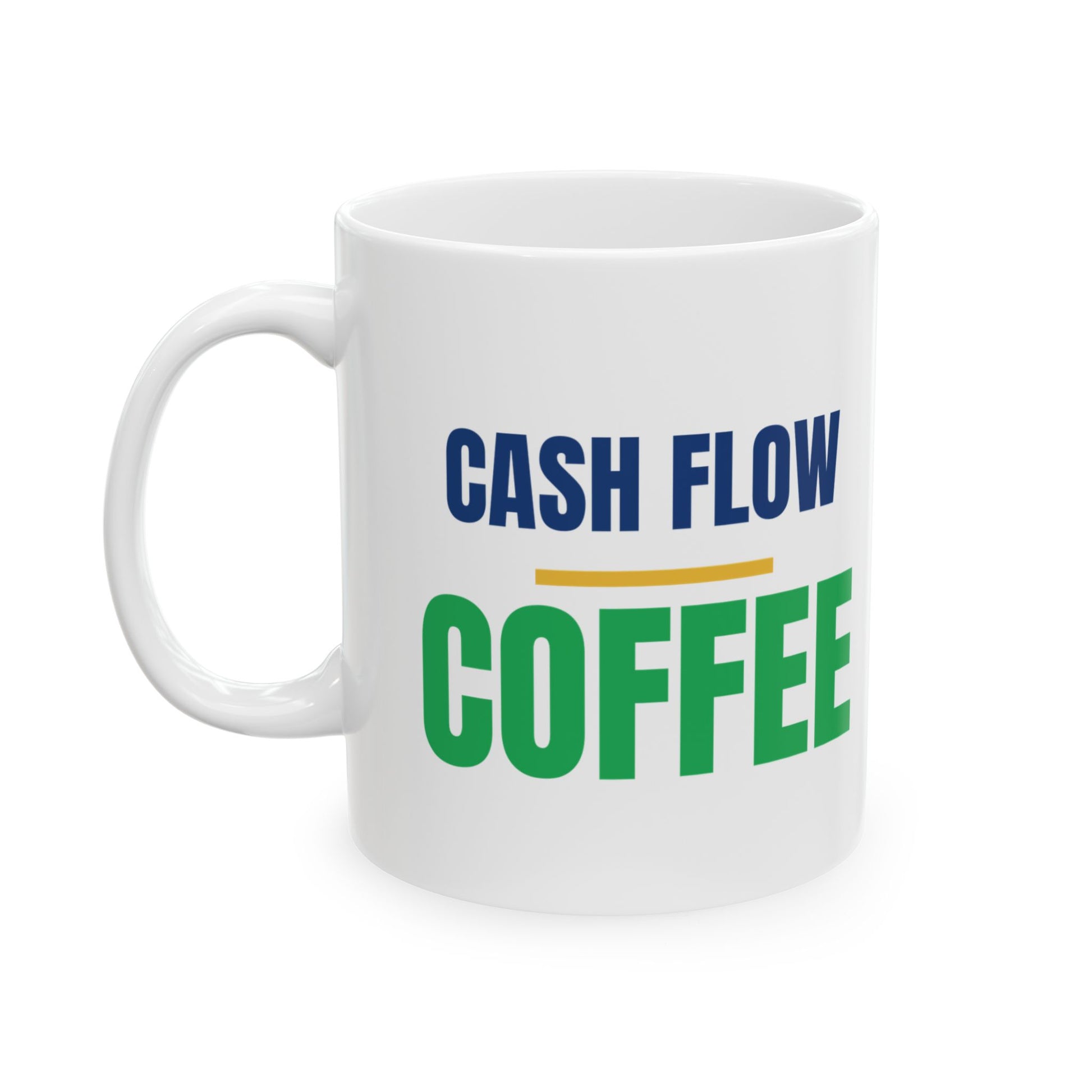 Cash Flow Coffee navy and green ceramic coffee mug for real estate investors and landlords