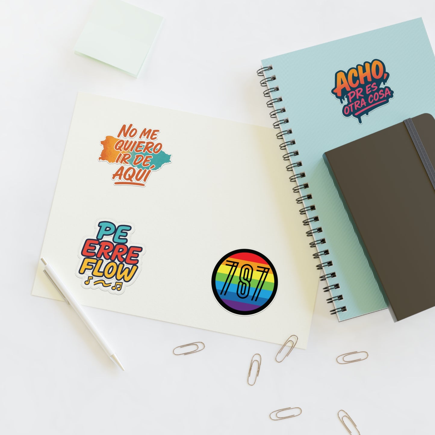 Puerto Rico Spanish Phrase Sticker Sheet — "No me quiero ir de aquí", "Acho" & 787 Rainbow Decals